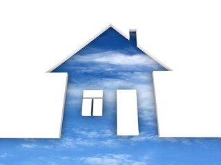 Eco house metaphor. House with sky and clouds.