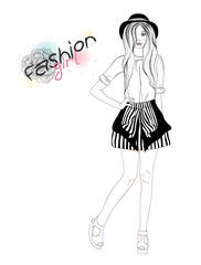 Young beautiful girl fashion illustration. Vector illustration.