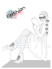 Young beautiful girl fashion illustration. Vector illustration.