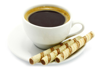 Cup of coffee with cookies on a white background