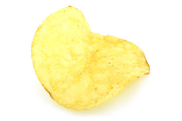 Single potato chip close-up on a white background