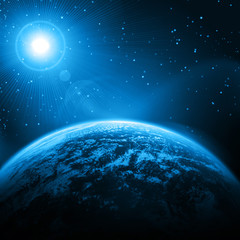 Cosmic star background . Earth, stars, rays of light