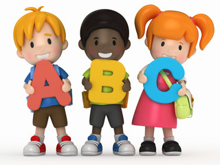 3D render of school kids holding ABC