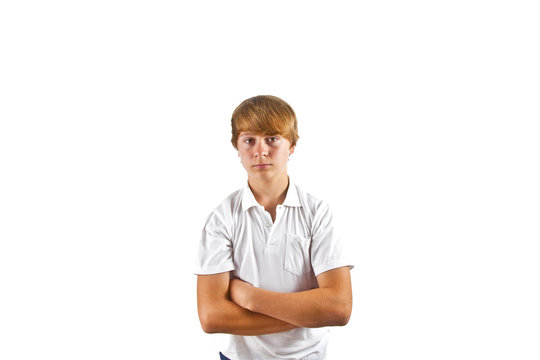 portrait of cute boy with white shirt in studio