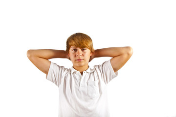 portrait of cute boy with white shirt in studio