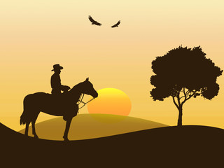 Fototapeta na wymiar Ilustração de cowboy montado no seu cavalo