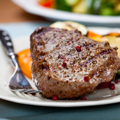 Grilled beefsteak with pan cooked vegetables