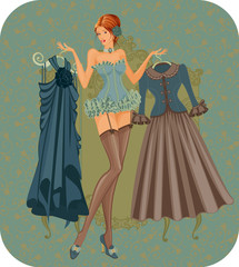 Illustration of  woman in corset with dresses in vintage style - 35802608