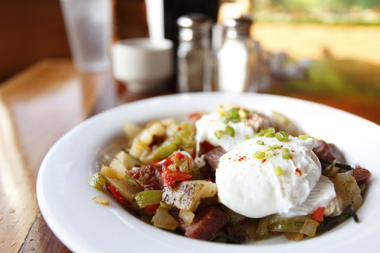 Corned beef hash with poached eggs.