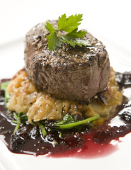 Fillet Steak on butternut and red wine sauce