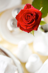 Romantic breakfast special occasion: red rose and white china