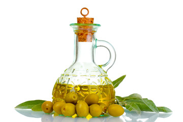 olive oil in jar and olives isolated on white