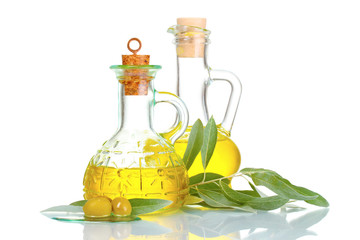 olive oil in jars and olives isolated on white
