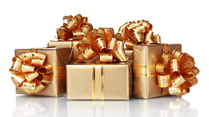 Beautiful golden gifts isolated on white