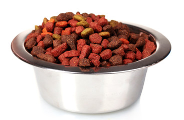 Dry cat food in bowl isolated on white