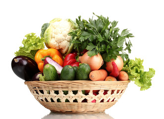 Fresh vegetables in basket isolated on white