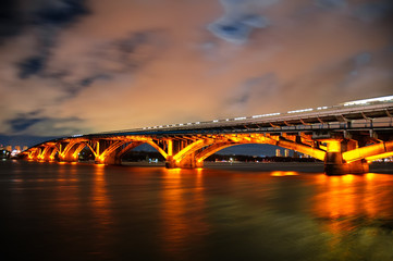 Fototapeta na wymiar Kiev Metro Bridge At Night, Long Exposure