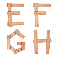 alphabet Letter E,F,G,H from wood board with clipping path