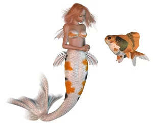 Selbstklebende Fototapeten Koi-Muster Meerjungfrau und Goldfisch © Algol