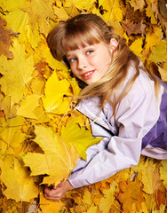Kid in autumn orange leaves.