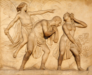Milan - detail from facade of Duomo - Expulsion from Paradise