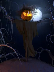 Afwasbaar Fotobehang Draken 3D-gerenderde Halloween-scène met een enge vogelverschrikker