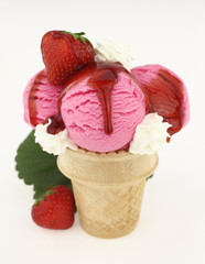 Strawberry ice cream cone on white backgraound