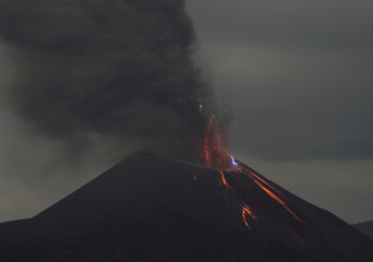 Night volcano eruption. Anak Krakatau, Indonesia