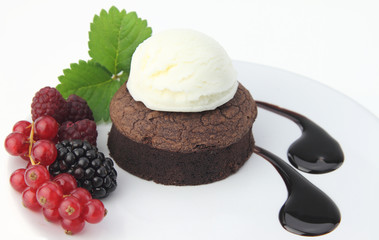 Chocolate soufflé cake on white background