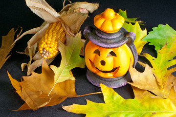 Halloween Lantern with Leafs and Corn