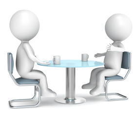 3D little human characters X2 discussing over a cup of coffee.