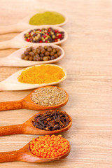 spices in the spoons on wooden background