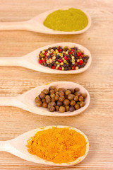 spices in the spoons on wooden background