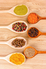 spices in the spoons on wooden background