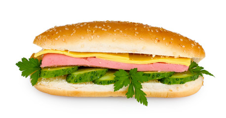 Sandwich with sausage, cheese and cucumber isolated on white