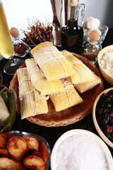 Tamale, rice, plantains, and black beans