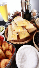 Staple latino sides, manioc, rice, plantains, and black beans