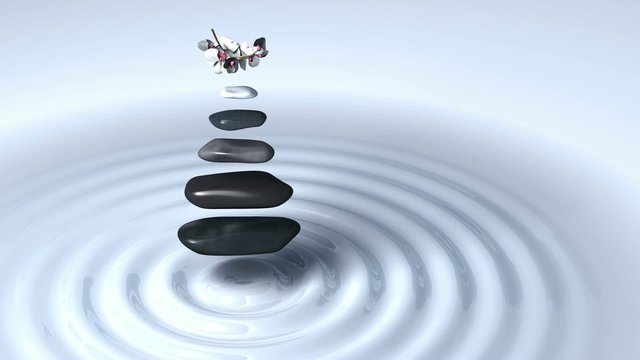 Five stones and white orchids in levitation above circular waves