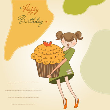 Happy Birthday card with girl and cupcake