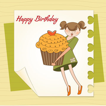 Happy Birthday card with girl and cupcake