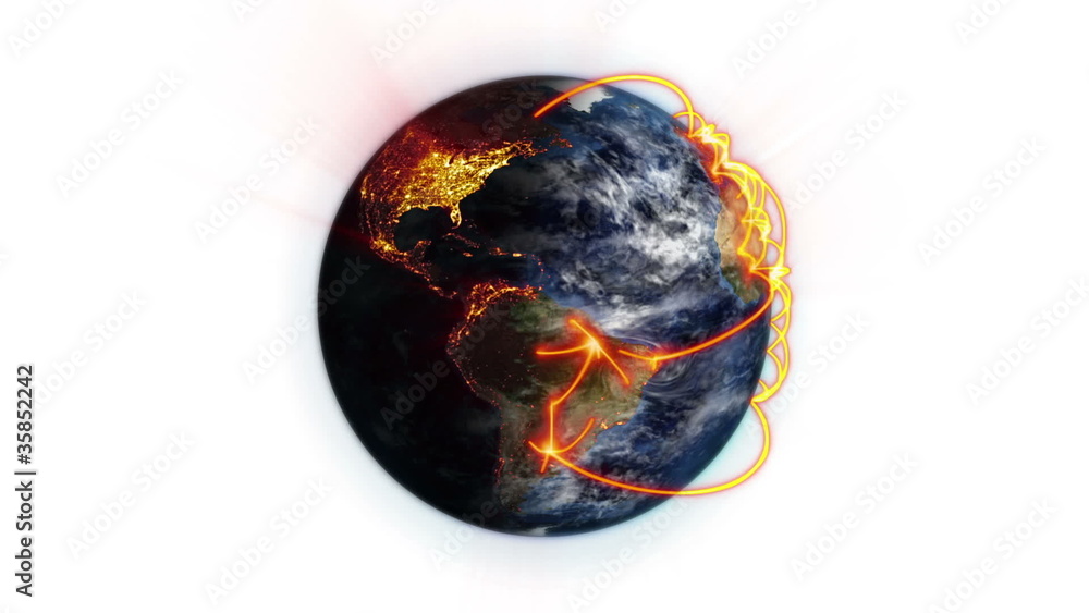 Poster orange connections on a lighted earth with moving clouds