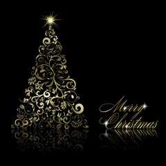 Abstract golden christmas tree with swirls and floral elements o