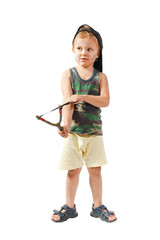 Little cute bully with a slingshot on a white background