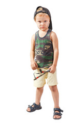 Little cute bully with a slingshot on a white background