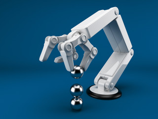 Robotic hand holding sphere 3d. Artificial intelligence. On blue