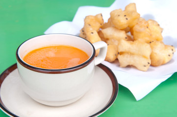 Chinese breakfast, Hot tea and Fried dough.