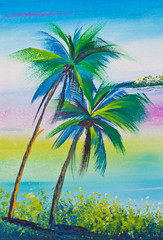 Fototapeta na wymiar poster color drawing coconut tree and sea