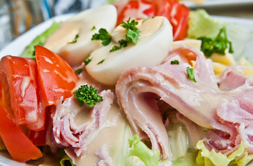 Fresh fruits salad and ham with egg