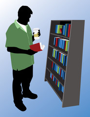 Man in a Green Shirt Reading a Book while Holding a Hot Beverage Cartoon Vector Graphic Illustration
