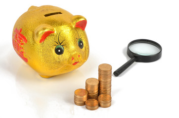 Magnifier and piggy bank with coins